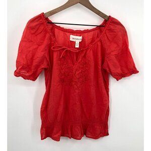Abercrombie & Fitch Blouse Women Small Coral Embroidered Tie Neck Puff Sleeve